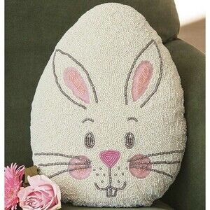 Easter Egg Shaped Beaded Sequin  Decorative Pillow Bunny 12”x16” white pink
